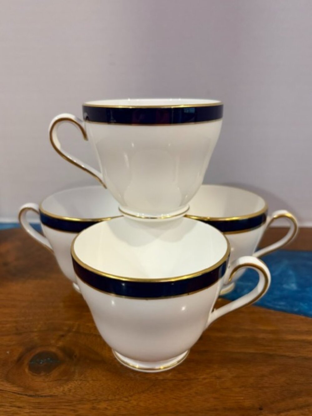 Set of 4 Spode Consul Y7332 Cobalt Blue Teacups Coffee Cups Gold Trim England
